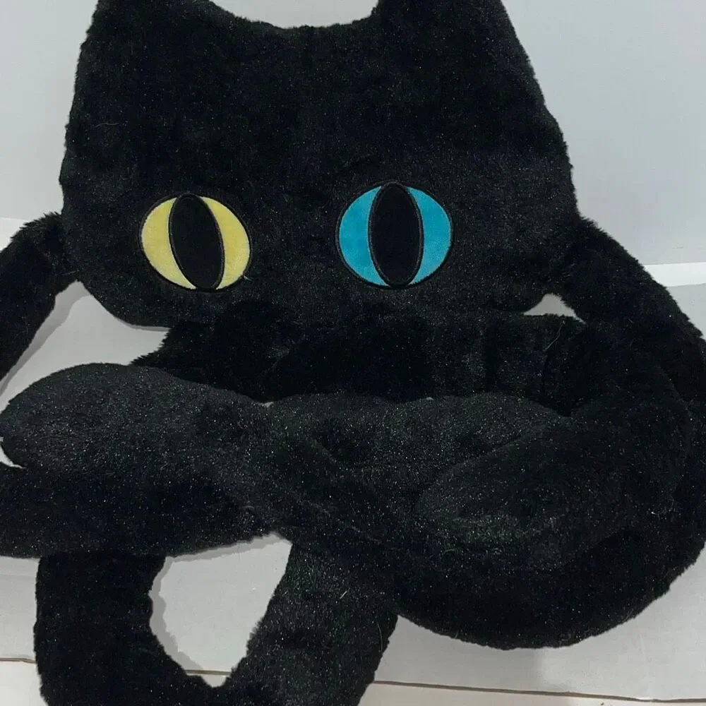 Black Cat Plush Scarf Long Paws Mismatched‎ Eyes Yellow Blue Novelty Winter Wrap